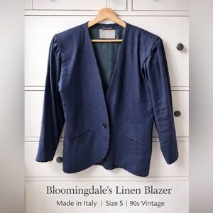 Bloomingdale’s Linen Blazer Navy Blue Size S Made in Italy 90s Shoulder Pads